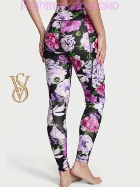 Victoria’s Secret Floral High-Waist Leggings Black with Purple & Pink Bloom NWT